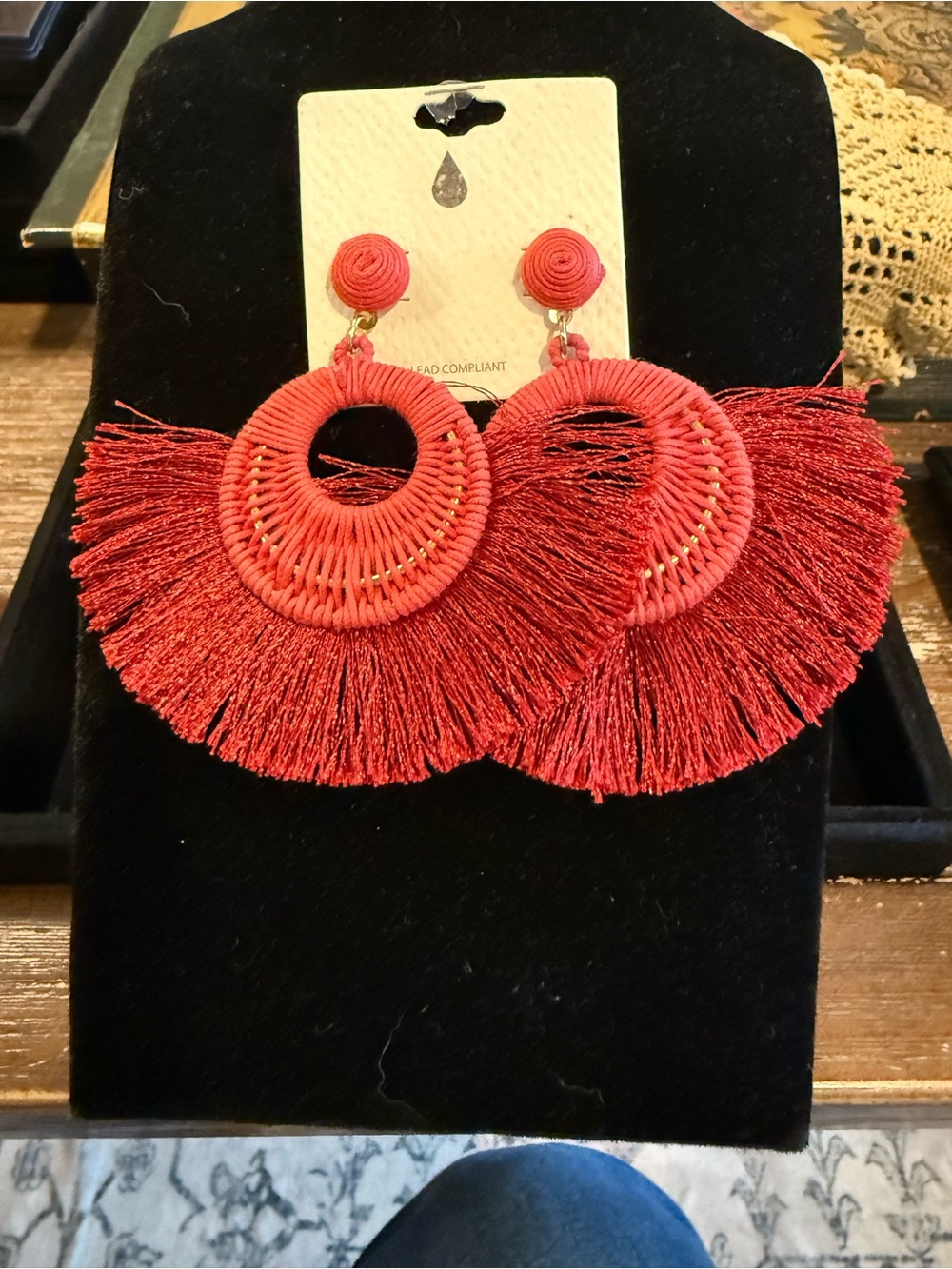 Red Fringe Hoop Statement Earrings